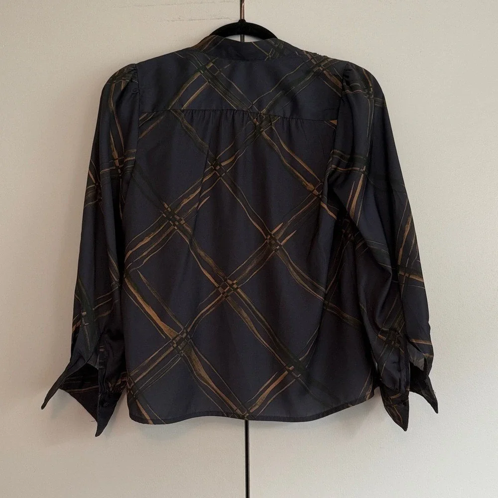 Banana Republic‎ Sleeve Plaid Blouse Navy Bronze V-Neck Petite XS Office Siren